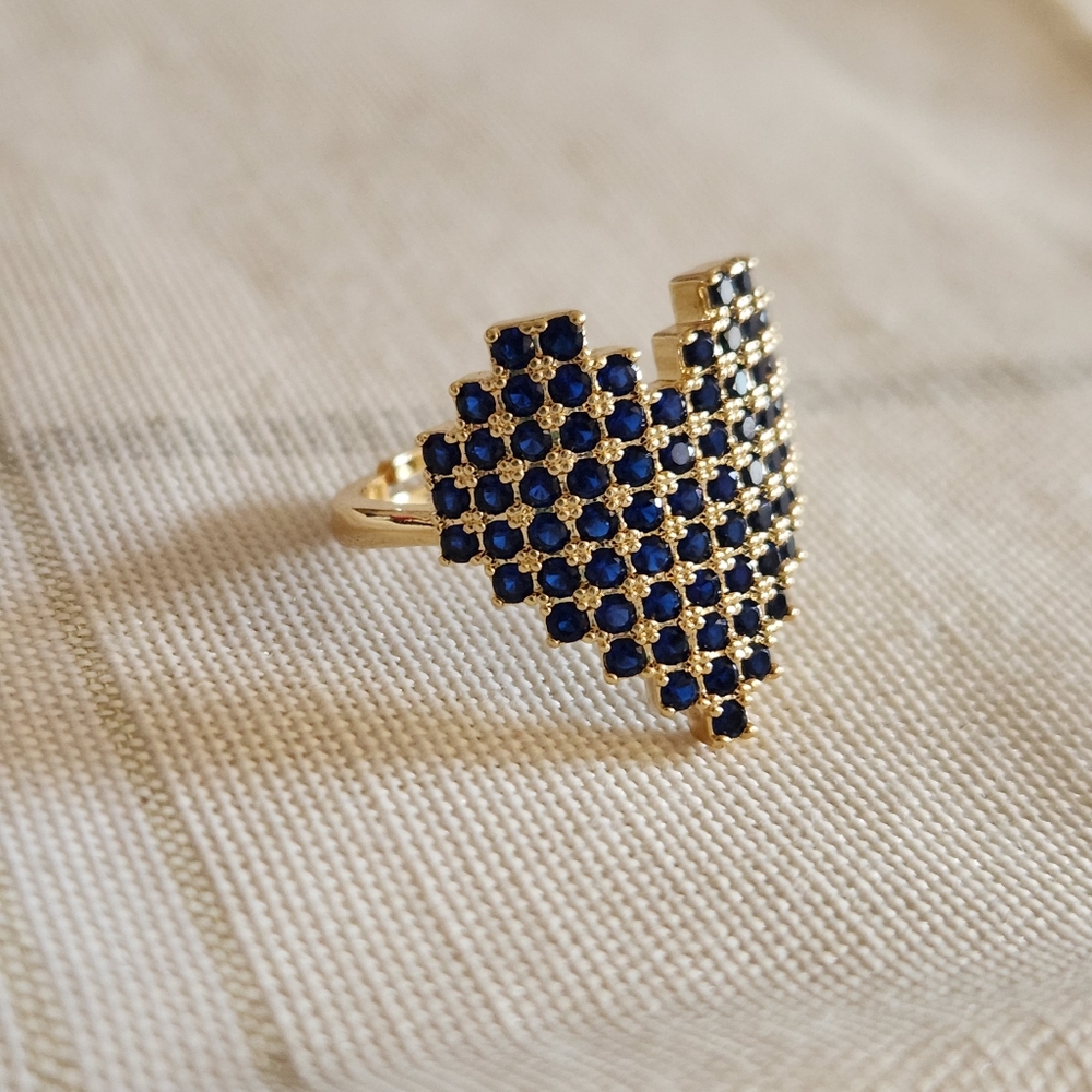 New 18K Gold Plated Blue Sapphire Pixel Heart Adjustable Ring for Women - Picture 11 of 11